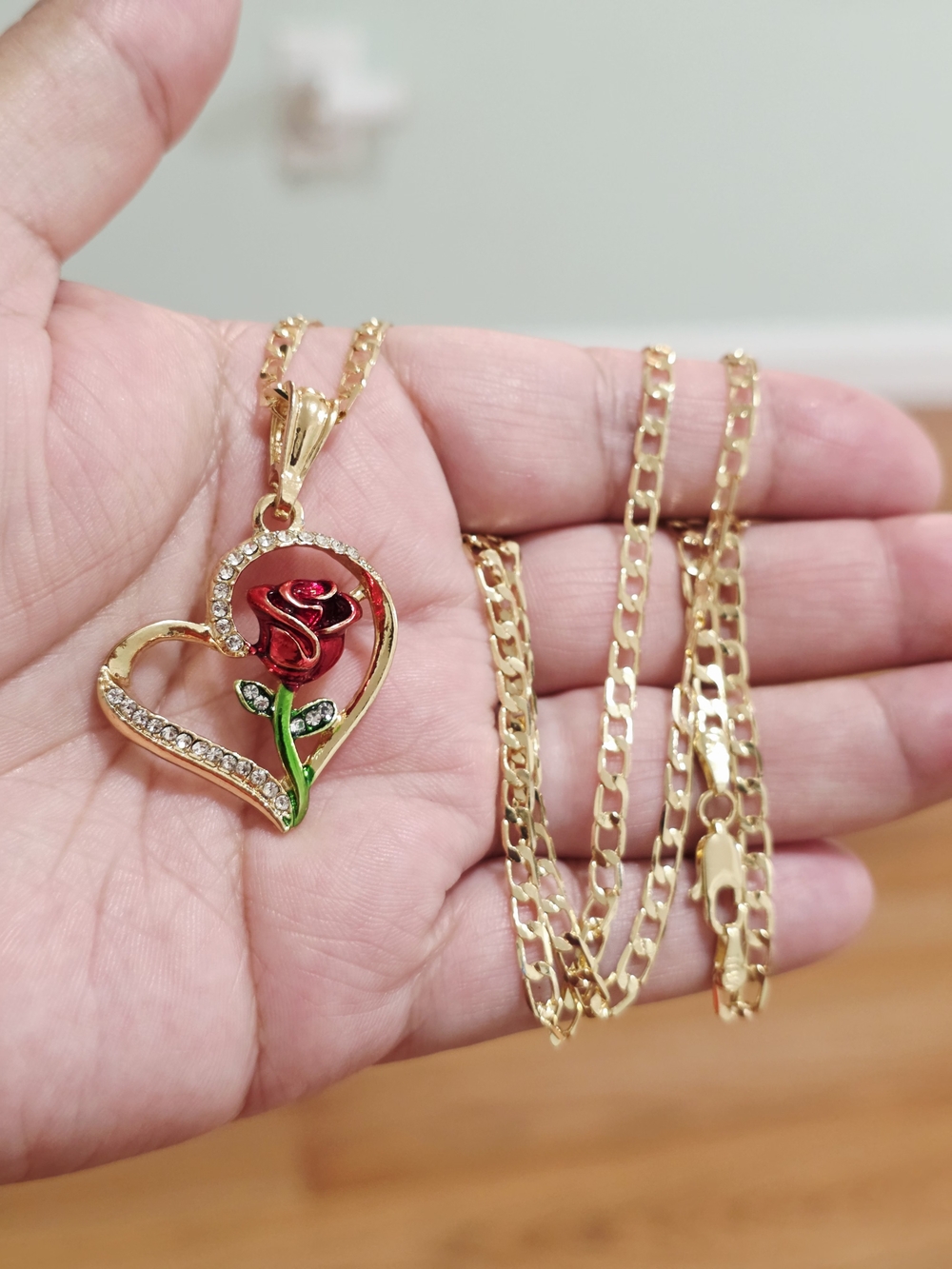 Gold Heart Pendant Necklace with Red Rose Accent